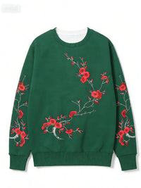 Black-base Red Plum Blossom Branch Print Loose-fitting Crewneck Sweatshirt
