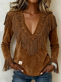 Tasseled Suede V-Neck Fashionable Slim-Fit Womens Blouse