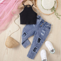 Girls' Solid Color Sleeveless Pullover Denim Trousers Two-piece Set
