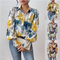 European And American Lapel Print Smocking Long Sleeve Button Loose Casual Women's Shirt