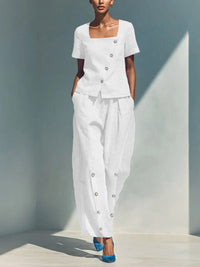 Womens Loose Short-Sleeve Top And High-Waist Pants Two-Piece Set