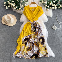 Womens Floral Print V Neck Dress With Ruffled Hem