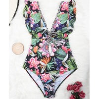 Strap Retro Digital Print Beach Swimsuit
