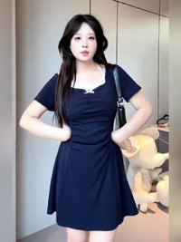 Sweet-style Lace-neckline Retro Elegant Pleated A-line Skirt
