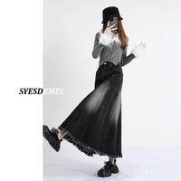 Black Denim Skirt Women's Irregular Mid-length A- Line Version Burrs Slimming