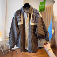 Loose-fit Casual Retro Ethnic-Style Printed Blue Striped Long-Sleeve Shirt For Women
