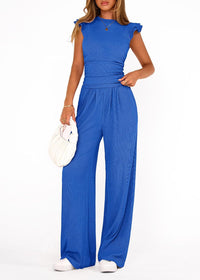 Womens Solid-Colored Summer Two-Piece Set Ruffled Hem Wide-Leg Pants Casual Fashion Outfit
