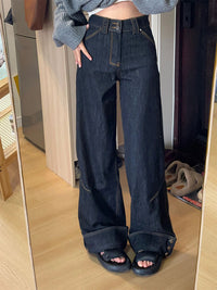 Retro High Street Denim Turn Over Button Straight Loose-fitting Mopping Pants Women