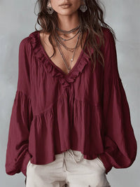 Ruffle-trimmed Puff-sleeve Pleated Blouse