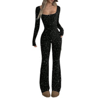 Autumn Temperament Slim Fit Square Neck Silver Jumpsuit For Women
