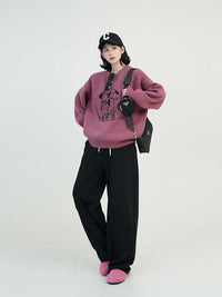 Cartoon Printed Round Neck Long Sleeve Knitted Sweater For Women