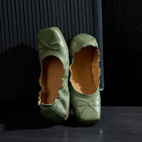 Women's Premium Full Grain Leather Ballet Flats, Square Toe Bow Slip-On Shoes For Women