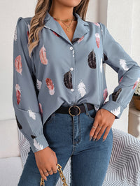 Women's Elegant Feather Print Notched Lapel Long Sleeve Shirt