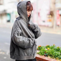 St Michael American High-Street-Style Distressed Washed Ripped Zip-Up Hoodie