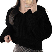 New Korean-style Relaxed-fit Solid-color Cable-knit Sweater With Lantern Sleeves