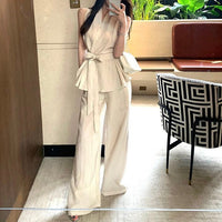 Pure And Alluring High-End Bandage-Waist Top With Wide-Leg Casual Pants Set For Women