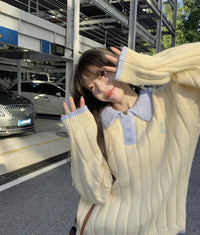 Women's Preppy Style Collar Contrast Color Loose Sweater