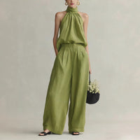 Womens Elegant Round-Neck Sleeveless Top And Pants Suit