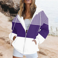 Striped Printed Pocket Long Sleeve Loose Hooded Sweater Zipper Jacket