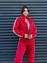 Contrast-color Sweatshirt Cardigan And Pants Set For Women