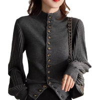 Retro Elegance Patchwork Stand-up Collar Knitted Cardigan
