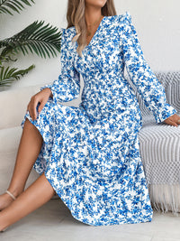 Women's Elegant Floral Print Cross V Neck Tie Waist Ruffle Maxi Dress