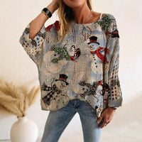Bat Loose Off-shoulder Boat Neck Diamond Hollow-out Contrast Color Christmas Print Knitted Sweater