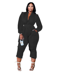 Women's Fashion Pleated Versatile V-Neck Long Sleeve Jumpsuit