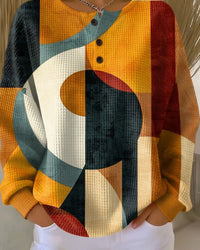 Retro 3D Digital Print Three-button Stand Collar Top