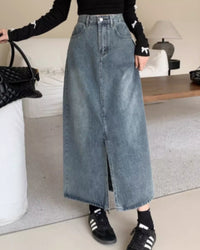 Hong Kong Style Retro Thin Denim Skirt, Mid Length For Women
