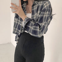 Retro Plaid Lapel Long Sleeve Short Shirt For Women