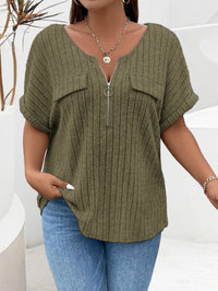 Solid-color Plus-size Top With Zipper Short Sleeves And Faux Pockets