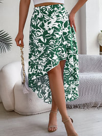 Women's Floral Print Ruffle Hem Midi Asymmetric Skirt