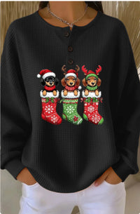 Womens Retro Printed Three-Button Stand-Up Collar Sweatshirt Top