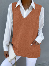 Women's Loose V-neck Double Pocket Knitted Sleeveless Sweater Waistcoat