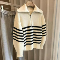 Lapel Half-open Zipper Contrast Color Striped Pullover Sweater