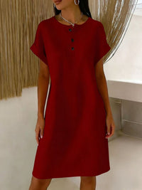 New Comfortable Casual Solid-Color Waffle-Knit Crew-Neck Dress