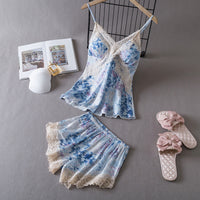 Summer Pajamas Women's Thin Ice Silk Slip Nightdress Lace Edge Printed Homewear With Chest Pad