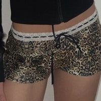 European And American Leopard Print Lace Stitching Lace Casual Shorts Low Waist Lace-up Bow Slim Fit