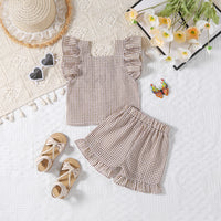 Wooden Ear Sleeveless Vest Shirt Shorts Two-piece Set Infant Plaid Suit
