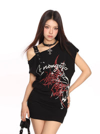 Graffiti Slant-Neck Off-Shoulder Short-Sleeve T-Shirt Women's