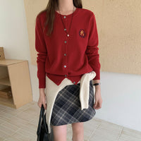 College Style Badge Embroidered Knitted Cardigan For Women