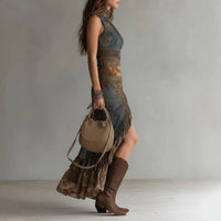 Retro Patchwork Printed Asymmetrical Long-Slit Dress