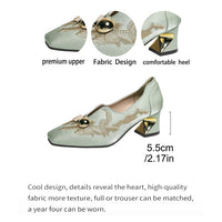 2026 Spring New Women's Chunky Heel Pumps, Versatile Square Toe Deep-V Loafers, New Chinese Style Embroidered High Heels
