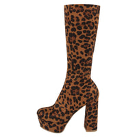 High-elasticity Mid-calf Womens Leather Boots With A Leopard Print