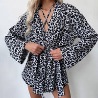 Sexy Leopard-Print Loose And Cozy Long-Sleeve Underwear And Shorts Set Loungewear