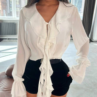 Fashion V-neck Ruffled Chiffon Flared Sleeve Loose Shirt