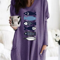 Womens Loose Plus-Size Casual Pullover Top With Long Sleeves And Print