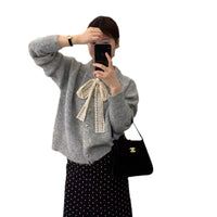 New Lace Lace-up Round Neck Heart Buckle Long Sleeve Plush Knitted Cardigan