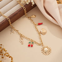Women's Summer Starfish Necklace With Sun, Shell, Seahorse  Cherry Charms  Multi-Element Pendant Jewelry